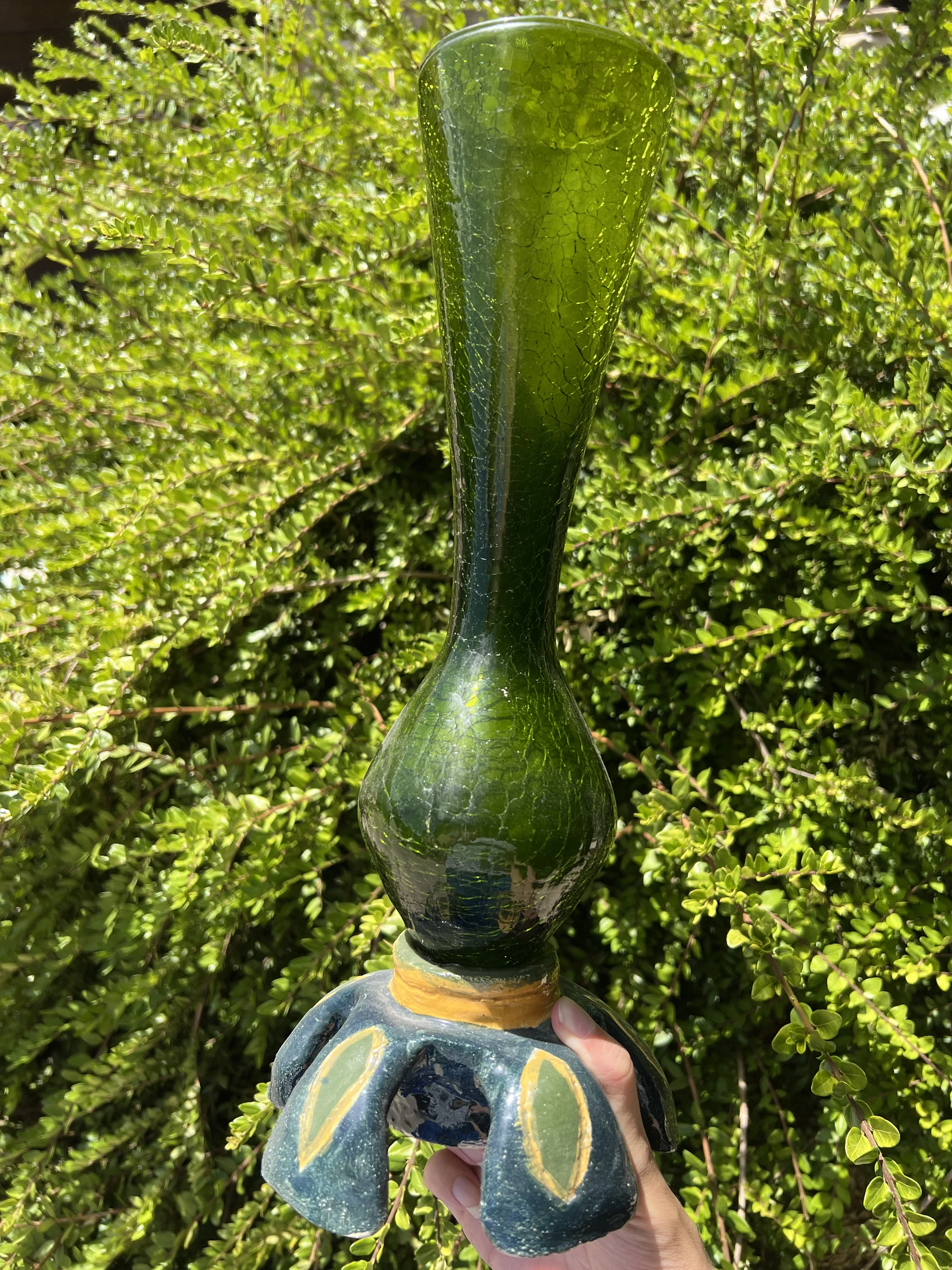 💚 Grand vase en verre vert effet craquelé 37 cm – Design vintage déco